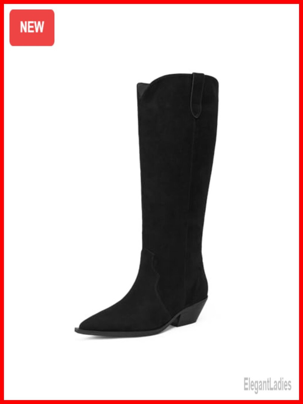 Faux Suede Knee High Boots Chunky Block Heel Pointed Toe Pull-On Western